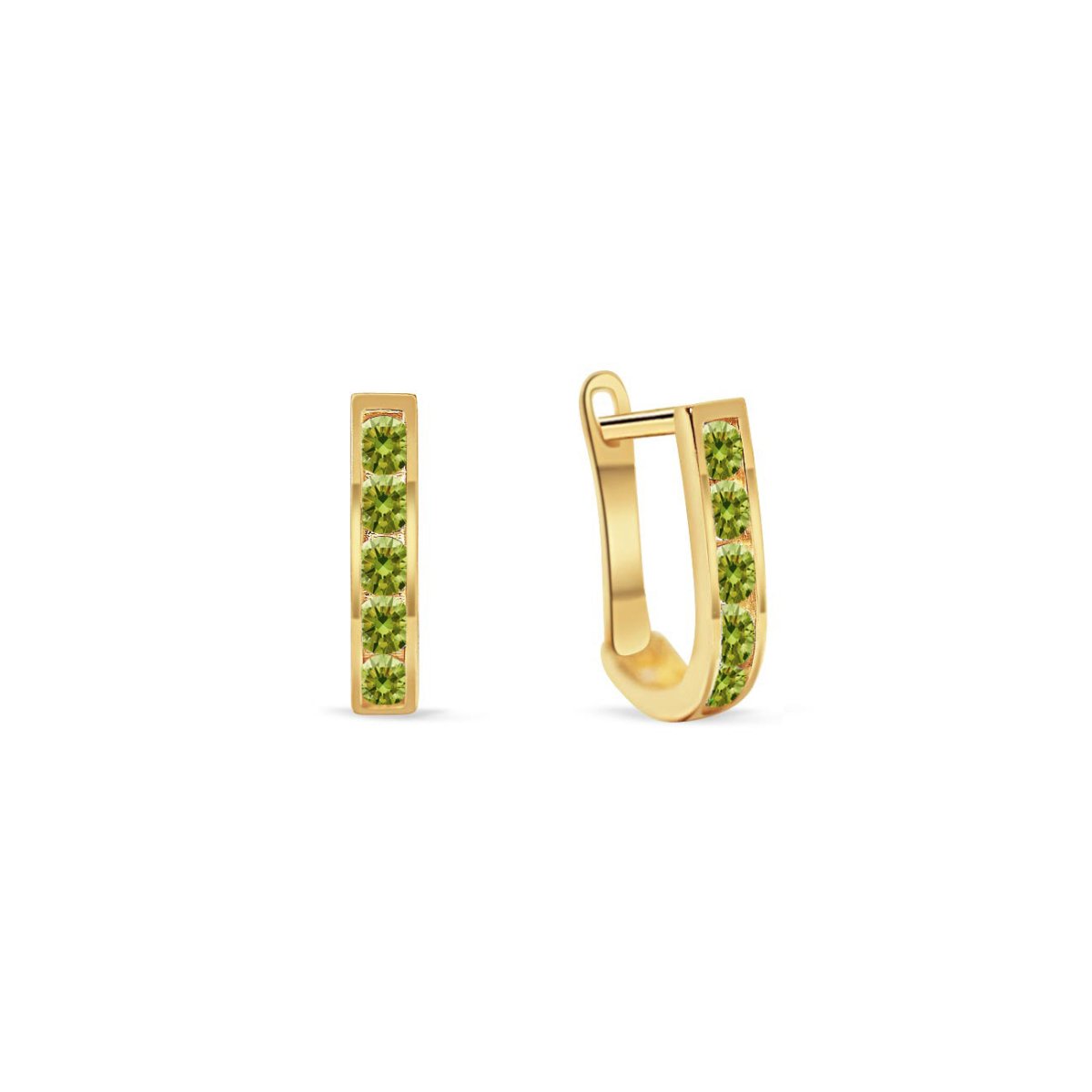 14K gold U-shaped peridot huggie hoops with channel-set green stones, on a white background