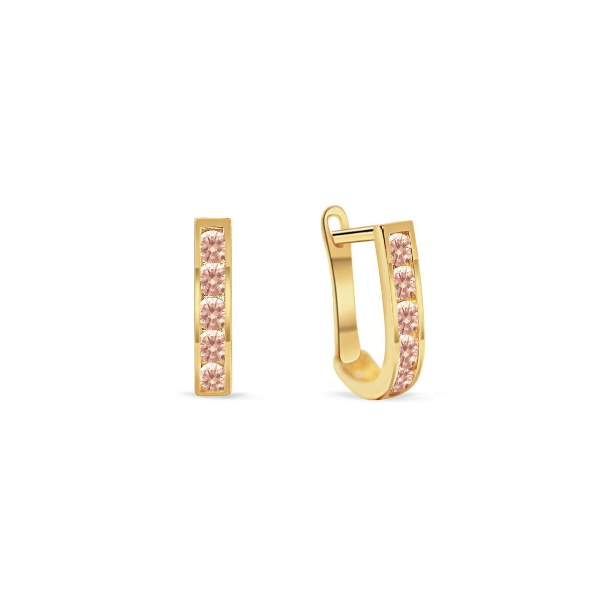 14K gold U-shaped pink sapphire huggie hoops with channel-set pink stones, on a white background
