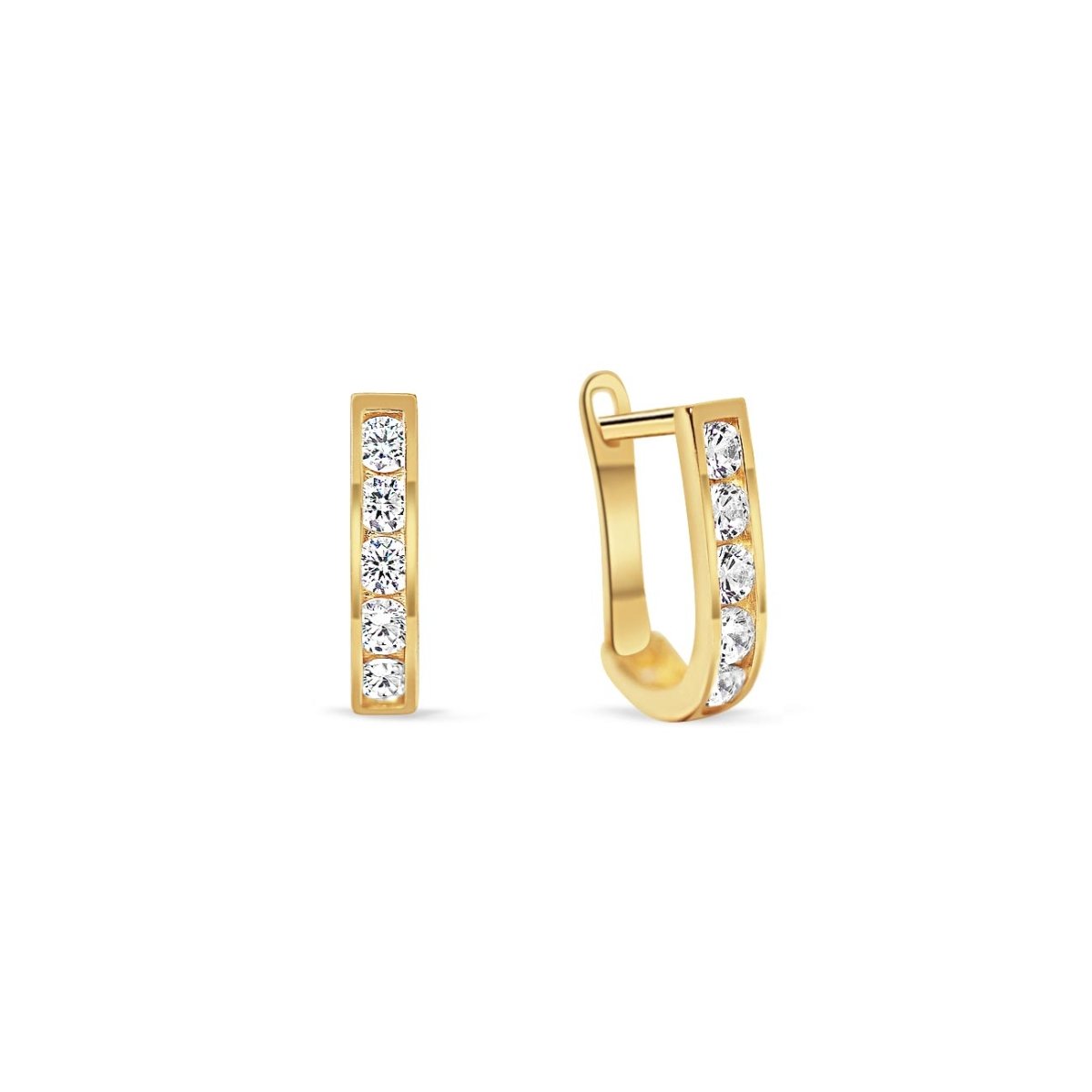 14K gold U-shaped huggie hoops channel-set with clear white zirconia, on a white background