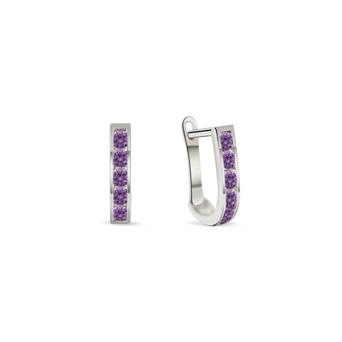 14K white gold U-shaped huggie hoops channel-set with round purple stones, on a white background