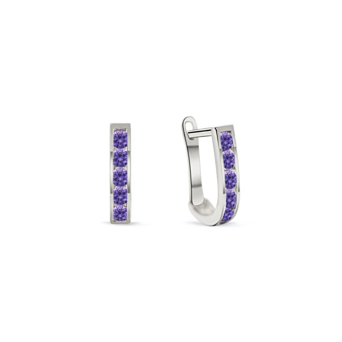 14K white gold U-shaped huggie hoops channel-set with purple amethyst stones, on a white background