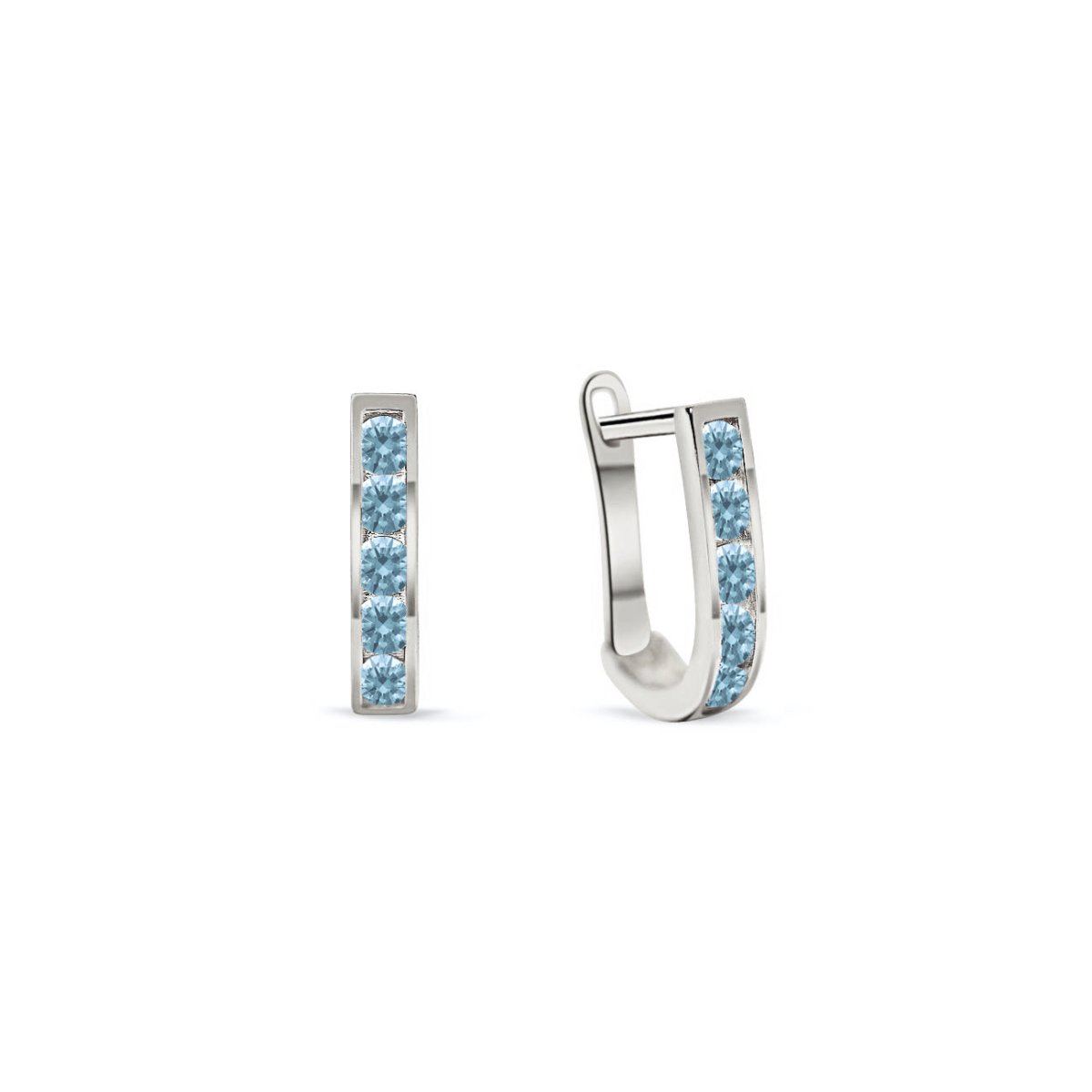 14K white gold U-shaped huggie hoops channel-set with light blue aquamarine stones, on a white background