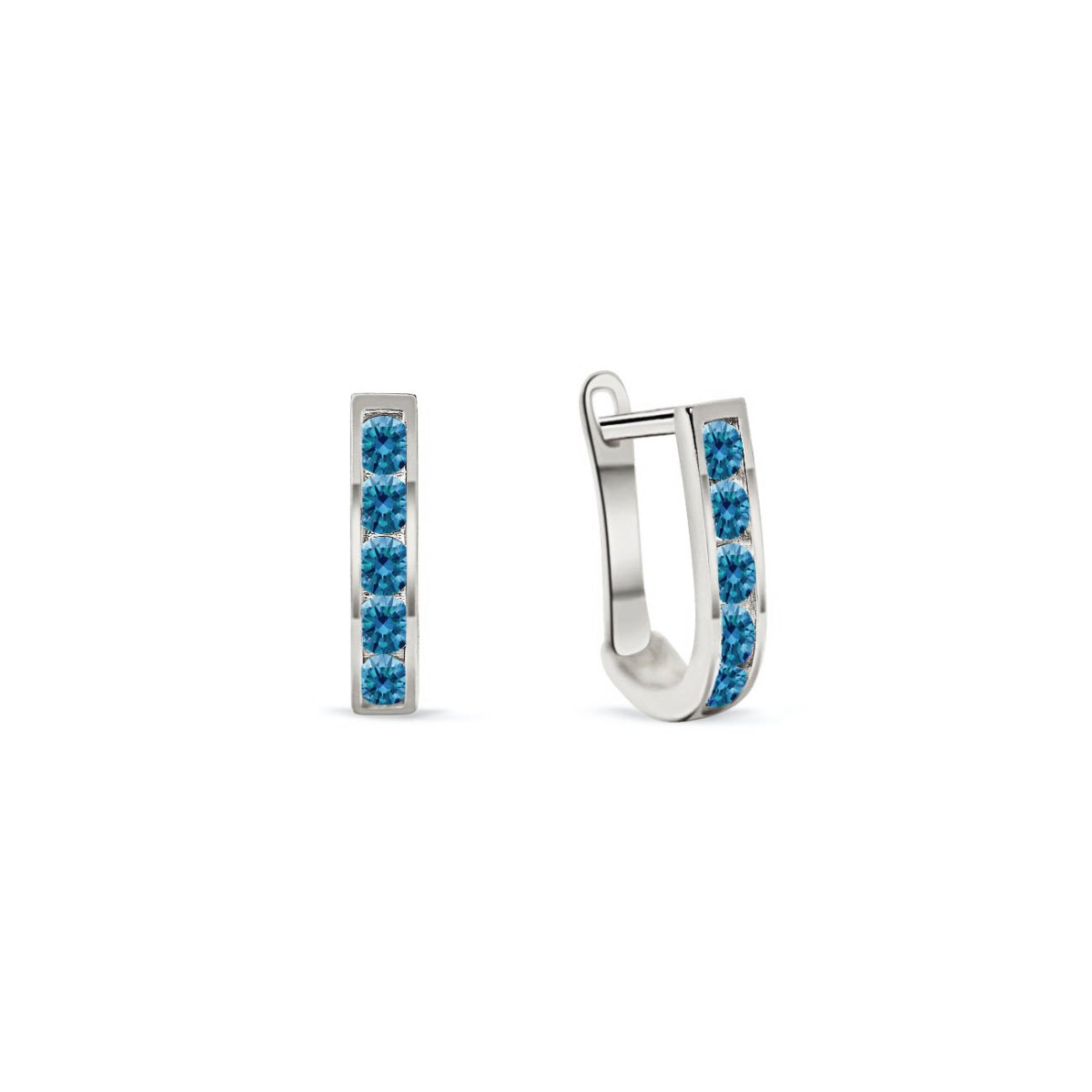 14K white gold U-shaped huggie hoops channel-set with bright blue zircon stones, on a white background