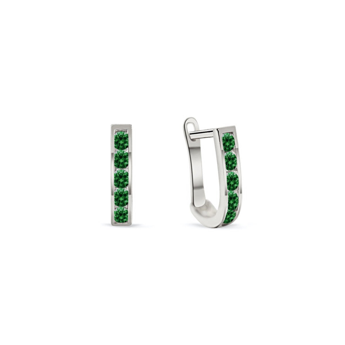 14K white gold U-shaped emerald huggie hoops with channel-set green stones, on a white background