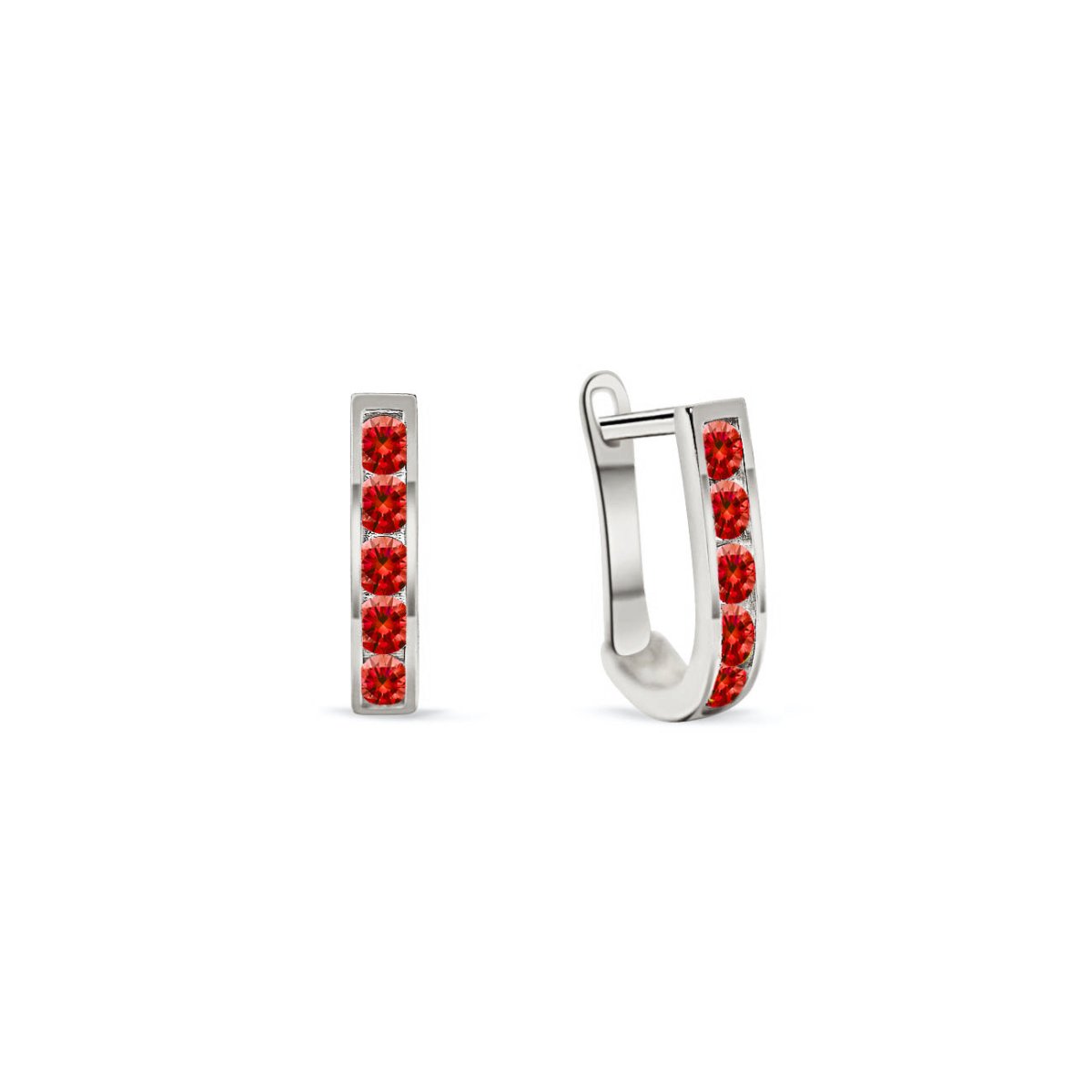 14K white gold U-shaped garnet huggie hoops with channel-set red stones, on a white background