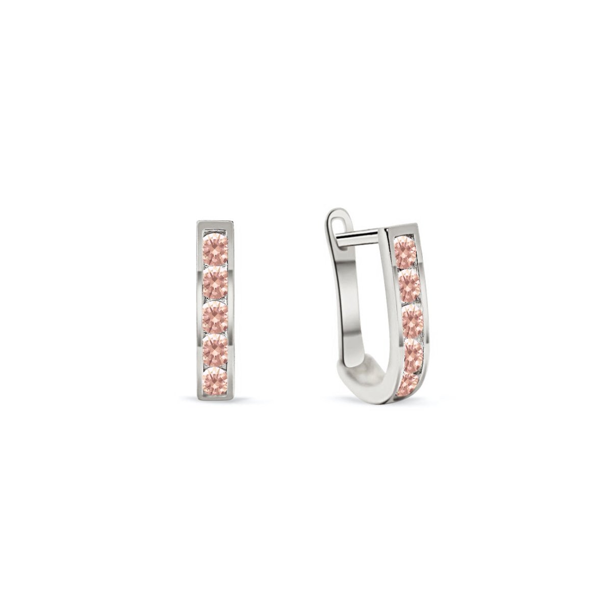 14K white gold U-shaped pink sapphire huggie hoops with channel-set pink stones, on a white background