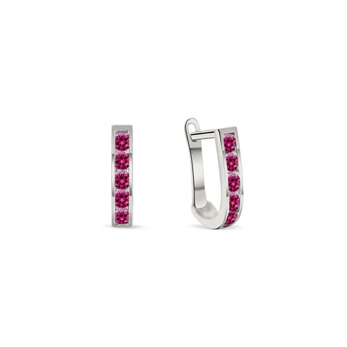 14K white gold U-shaped huggie hoops channel-set with red ruby stones, on a white background