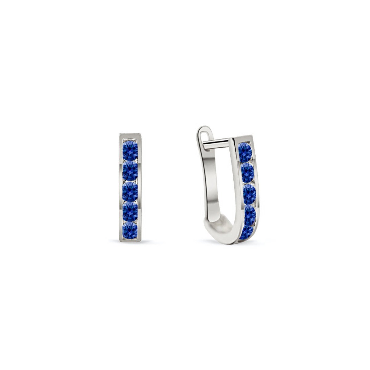 14K white gold U-shaped huggie hoops channel-set with deep blue sapphire stones, on a white background