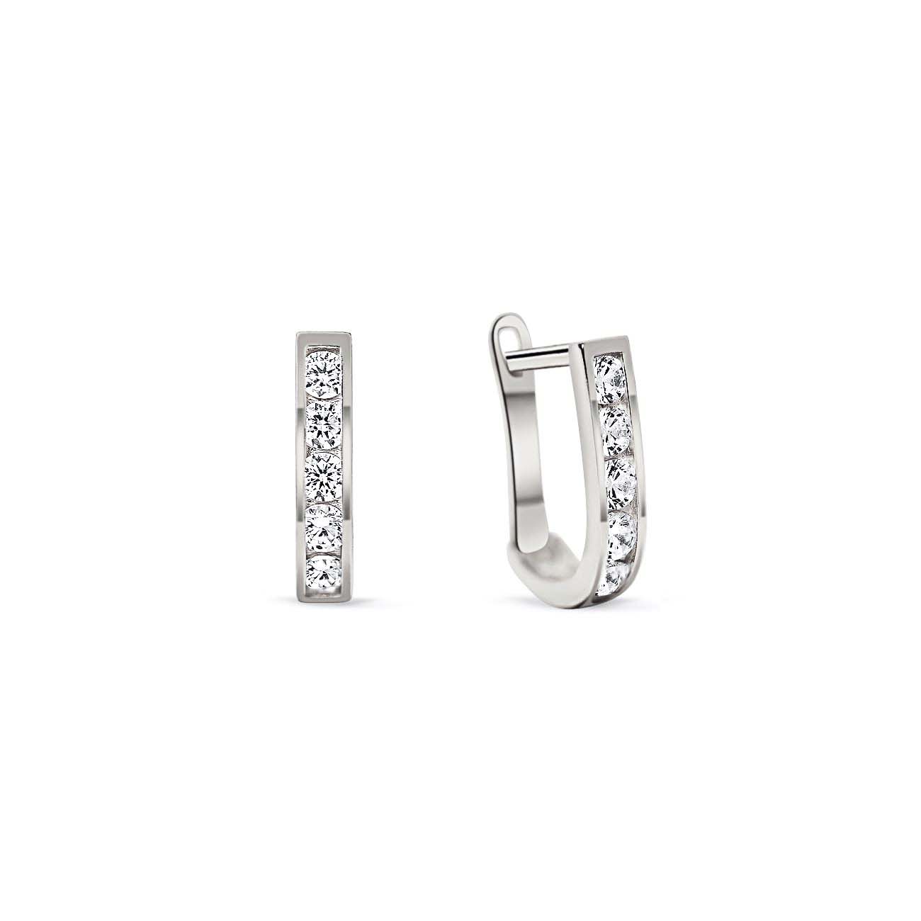 14K white gold U-shaped huggie hoops channel-set with clear white zirconia, on a white background