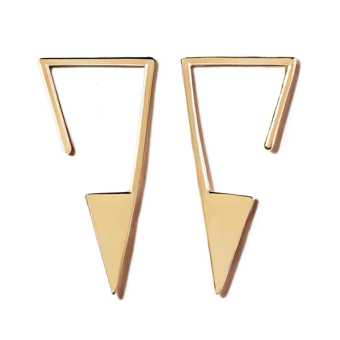 14K gold open triangle threader earrings with a pointed triangle drop, on a white background