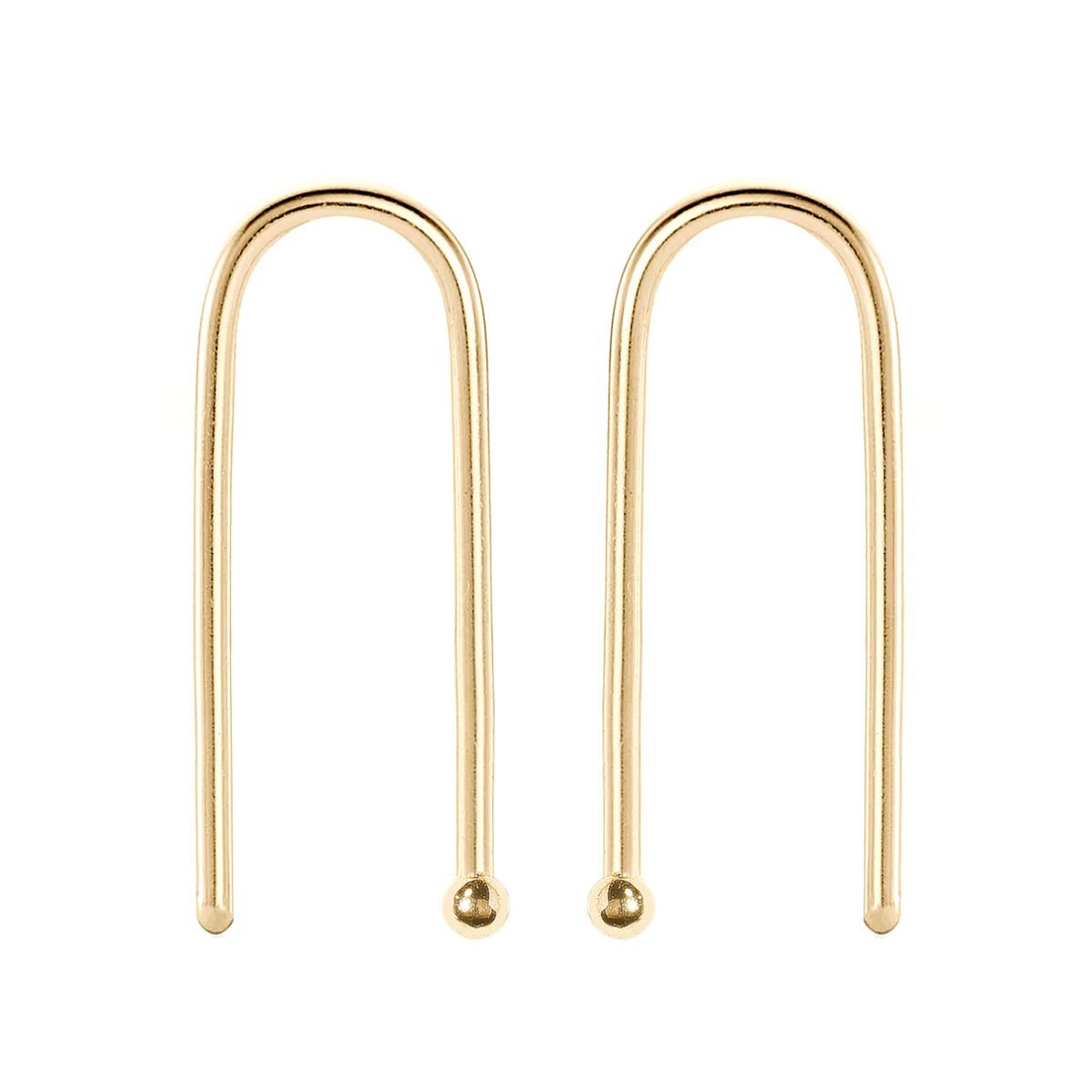 14K gold U-shaped threader earrings with ball ends, on a white background
