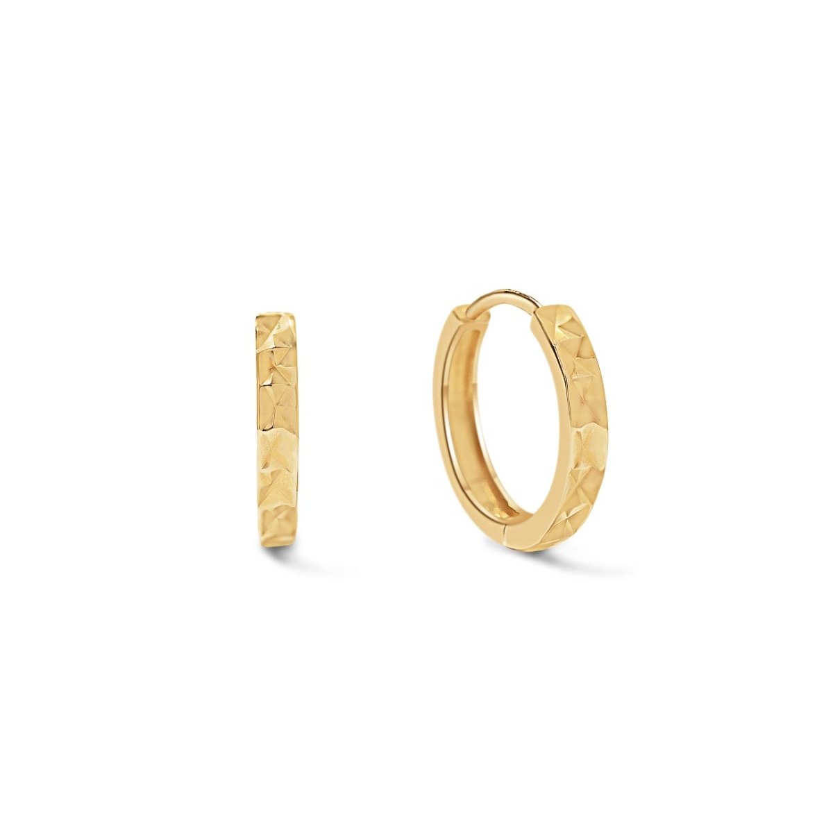 14K gold diamond-cut huggie hoops with a faceted texture, shown side and front, on a white background