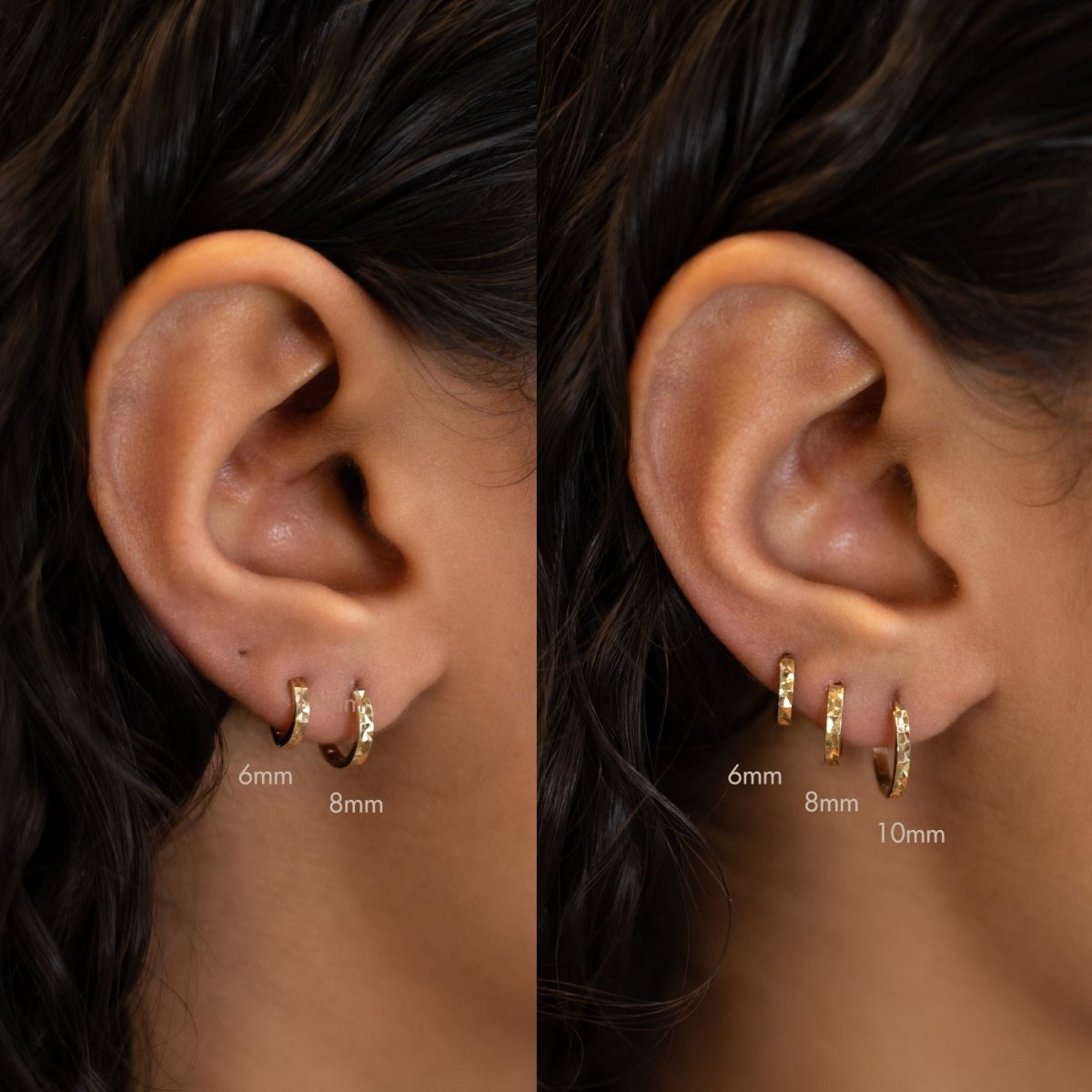 14K gold diamond-cut huggie hoops compared in 6mm, 8mm and 10mm sizes on two model lobes