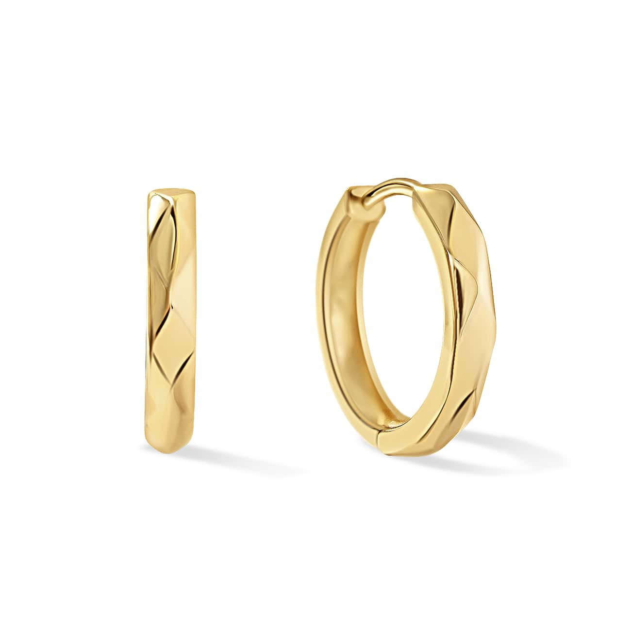 14K gold faceted mini huggie hoops shown front and side, on a white background