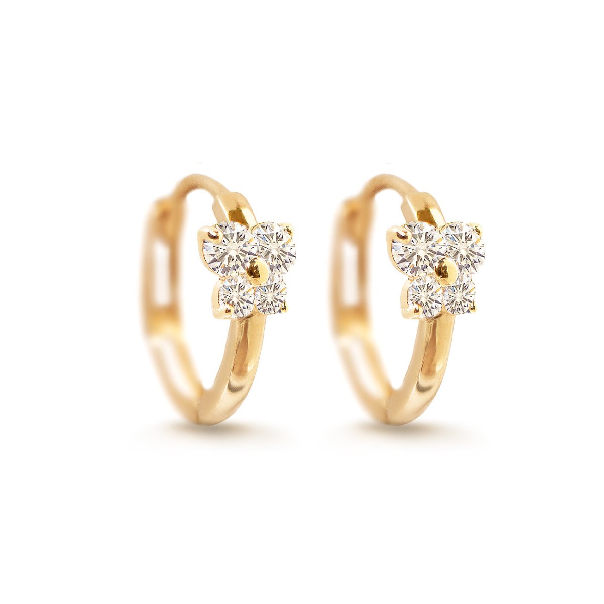 14K gold butterfly huggie hoops with white zirconia stones, on a white background