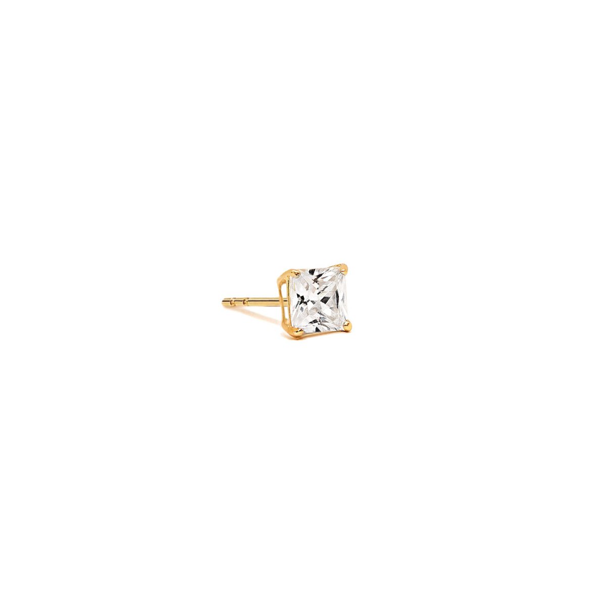 14K gold princess-cut moissanite single stud with a four-prong setting, on a white background