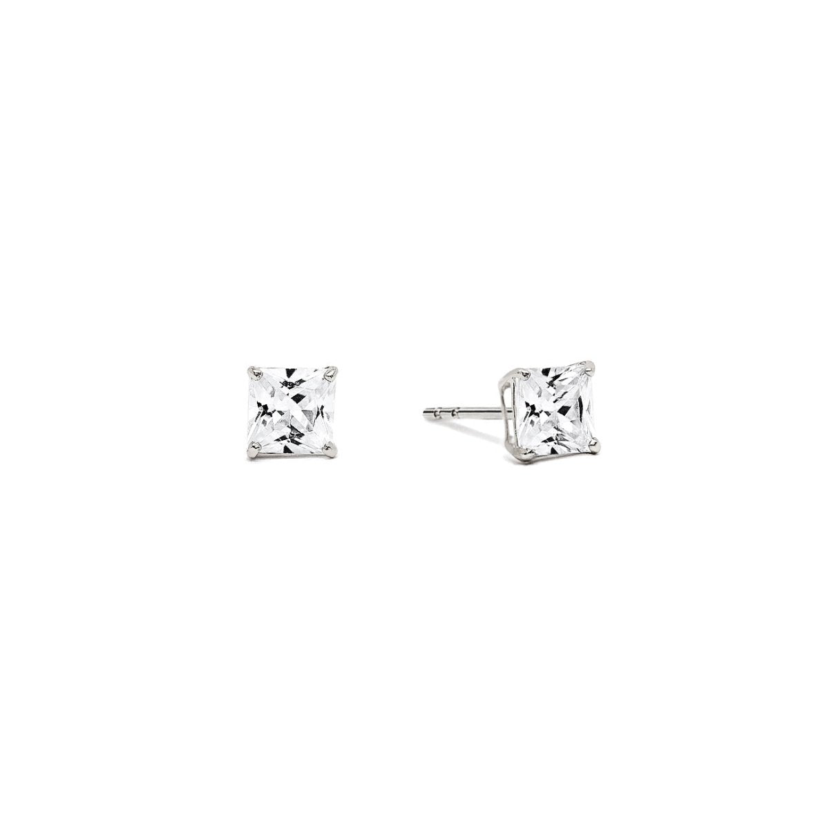 Sterling silver princess-cut studs with square clear stones in four-prong settings, on a white background