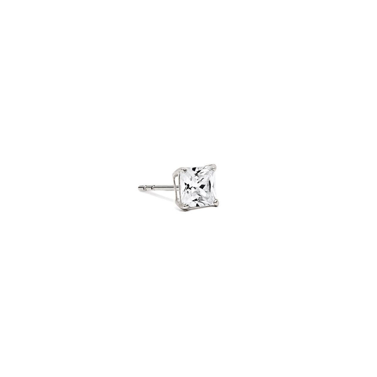 14K white gold princess-cut moissanite single stud with a four-prong setting, on a white background