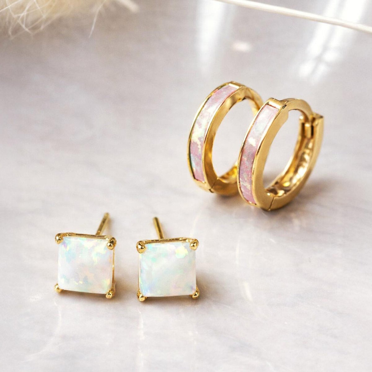 14K Gold Opal Huggie Earrings and Stud Earrings | | #Gemstone_Pink Opal