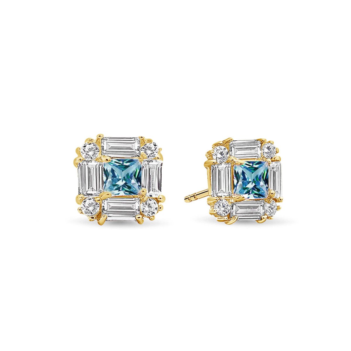 14K gold deco studs with a square blue zircon center framed by clear stones, on white background