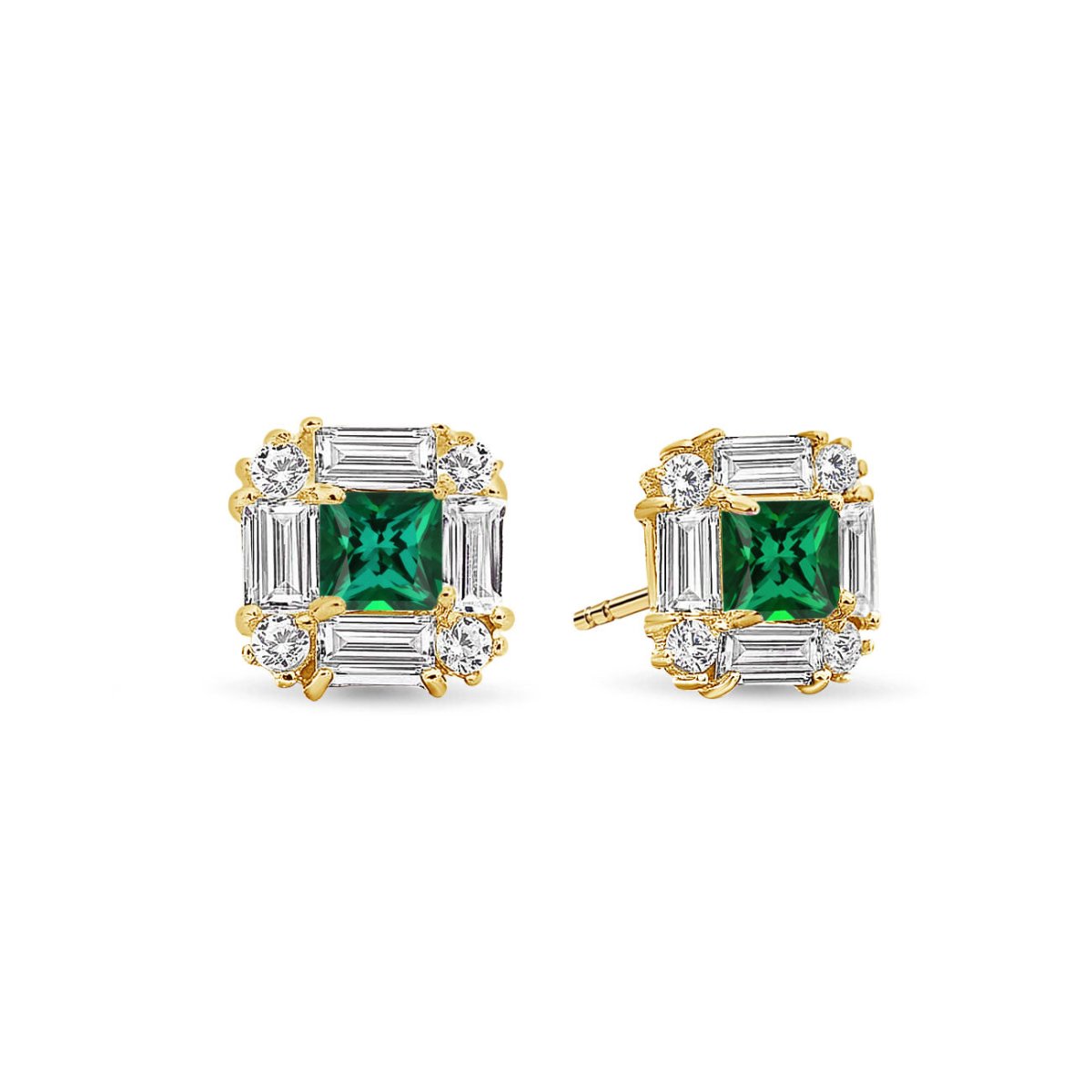 14K gold deco studs with a square green emerald center framed by clear stones, on white background