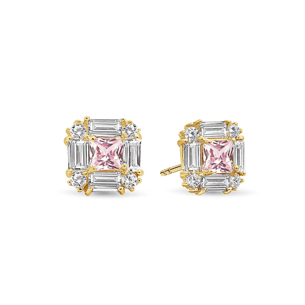 14K gold deco studs with a square pink sapphire center framed by clear stones, on white background