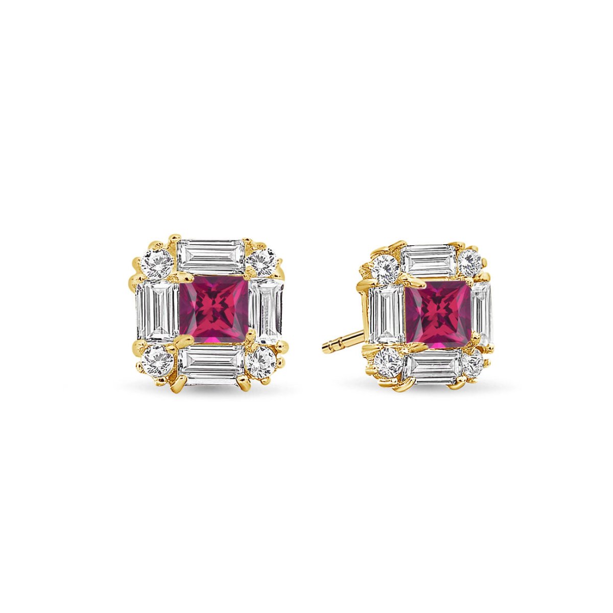 Pair of 14K gold deco studs with square ruby centers framed by clear baguette and round stones, on a white background