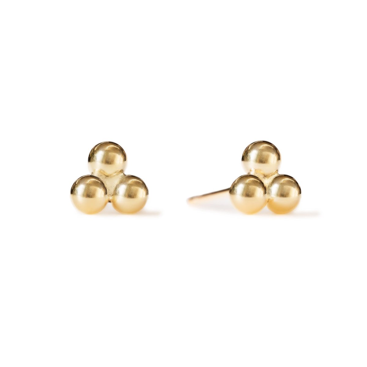 14K gold trinity ball stud earrings made of three polished gold beads, on a white background