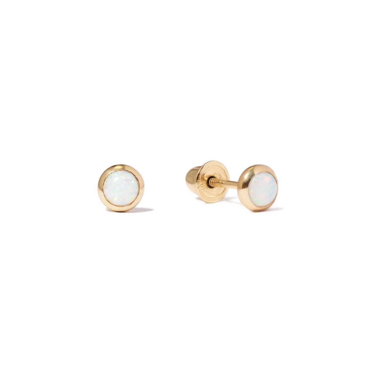 14K gold tiny white opal cabochon studs with bezel settings and screw backs, on a white background