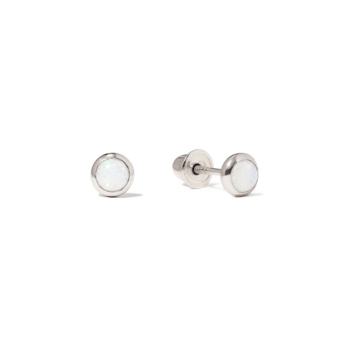 14K white gold tiny white opal cabochon studs with bezel settings and screw backs, on a white background