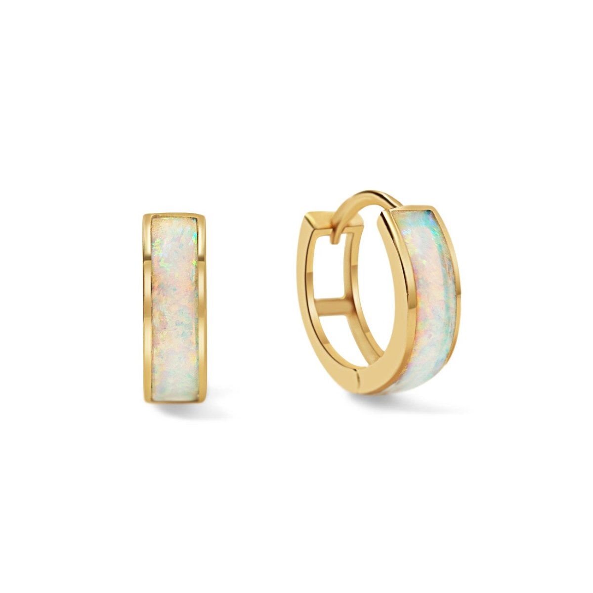 14K gold huggie hoops inlaid with iridescent white opal, front and side view on a white background