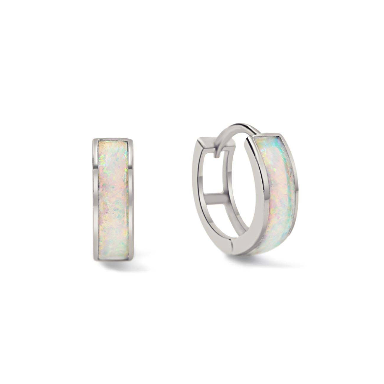 14K white gold huggie hoops inlaid with iridescent white opal, front and side view on a white background