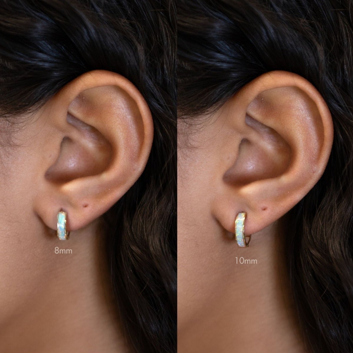14K gold white opal huggie hoops shown on a model's lobe in 8mm and 10mm sizes, side by side