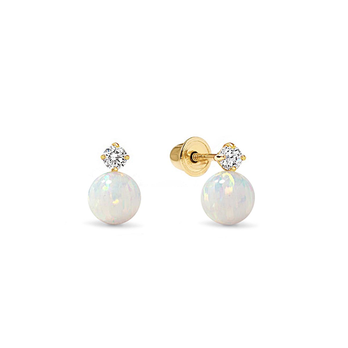 14K gold white opal ball studs each topped with a clear accent stone, on a white background