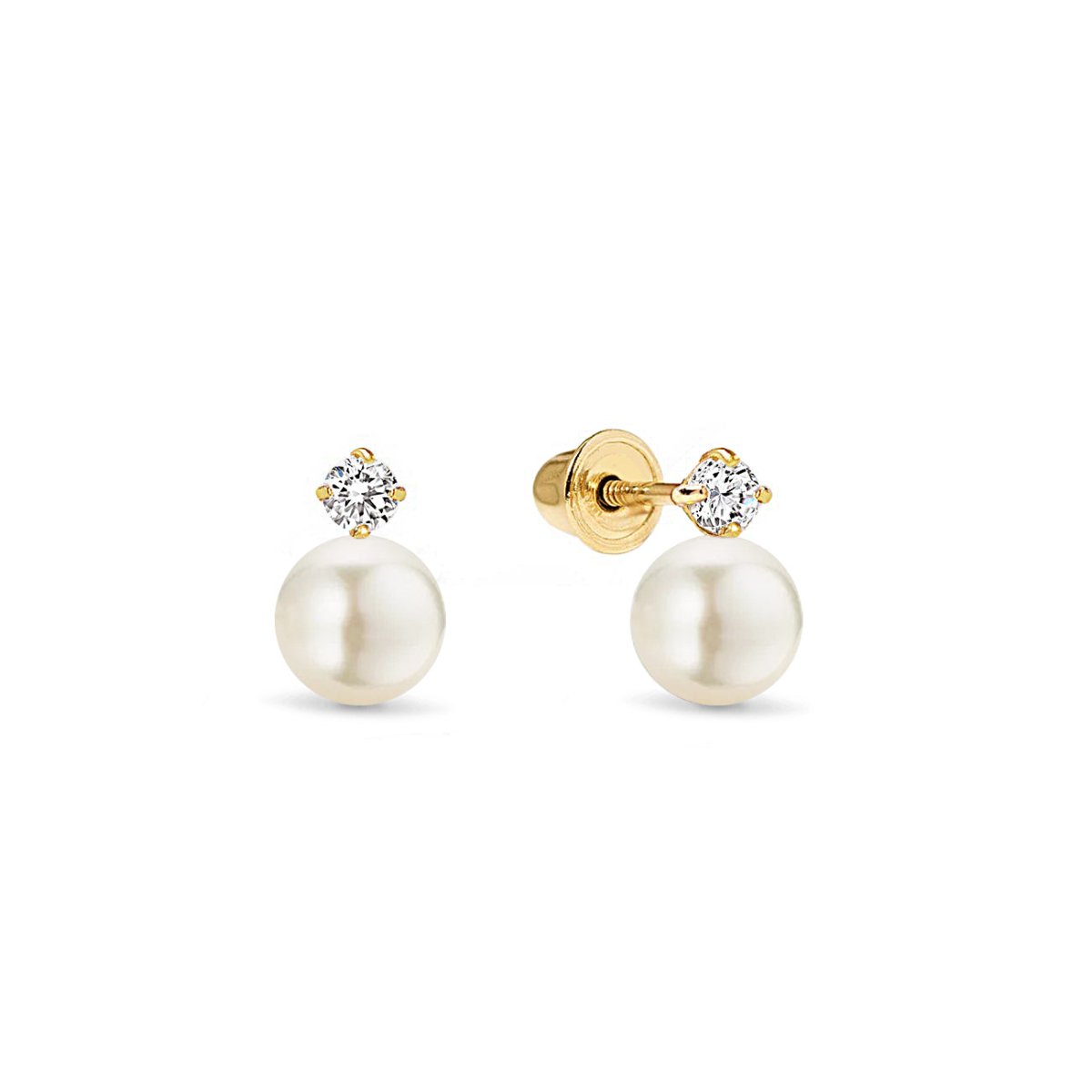 14K gold pearl studs with a small round clear stone above each pearl, on a white background
