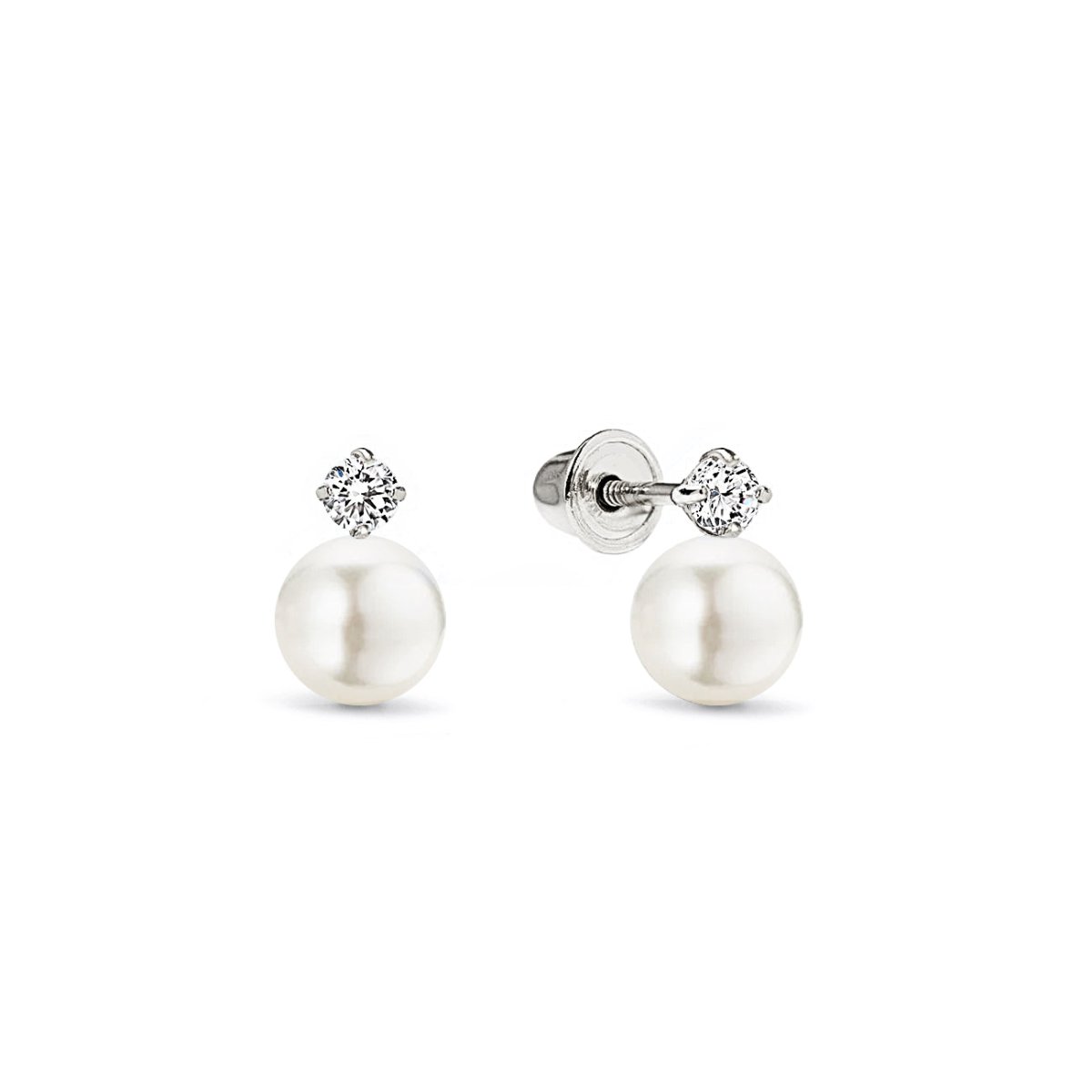 14K white gold pearl studs with a small round clear stone above each pearl, on a white background