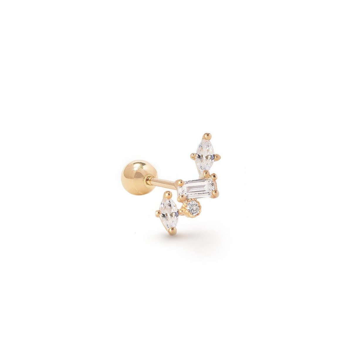 14K gold cluster stud earring with clear marquise, baguette and round stones, on a white background