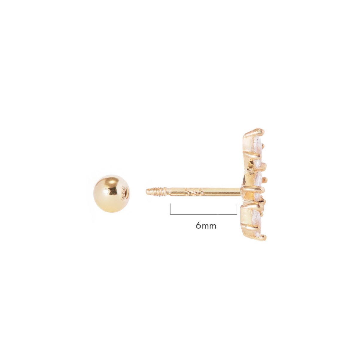 14K gold cluster stud earring side view with a 6mm post, size detail on a white background