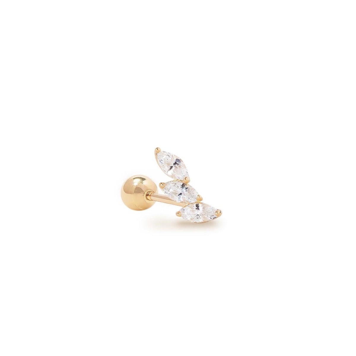 14K gold tiny curved single stud with three marquise clear stones, on a white background