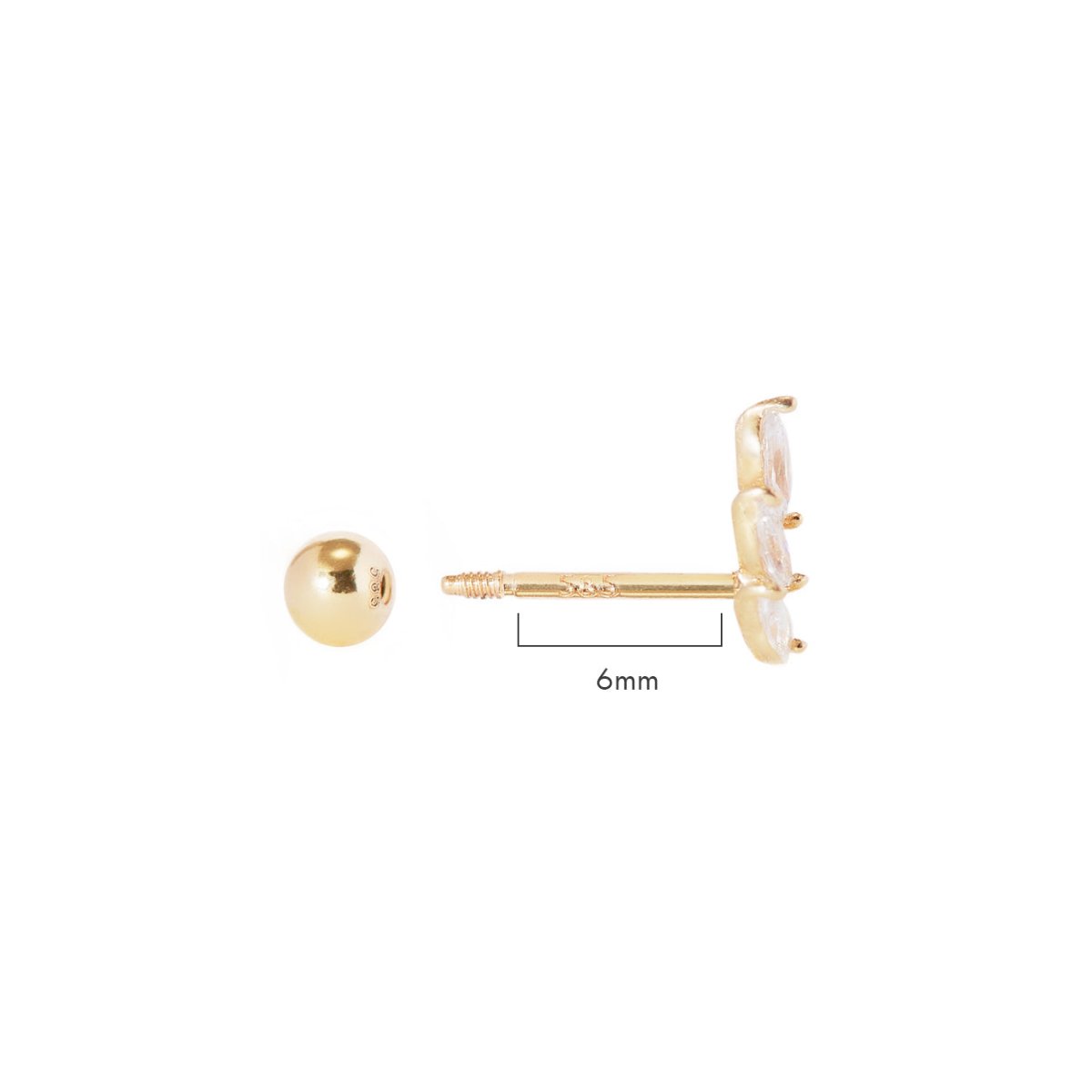 14K gold tiny curved single stud with three marquise clear stones, side view with 6mm post
