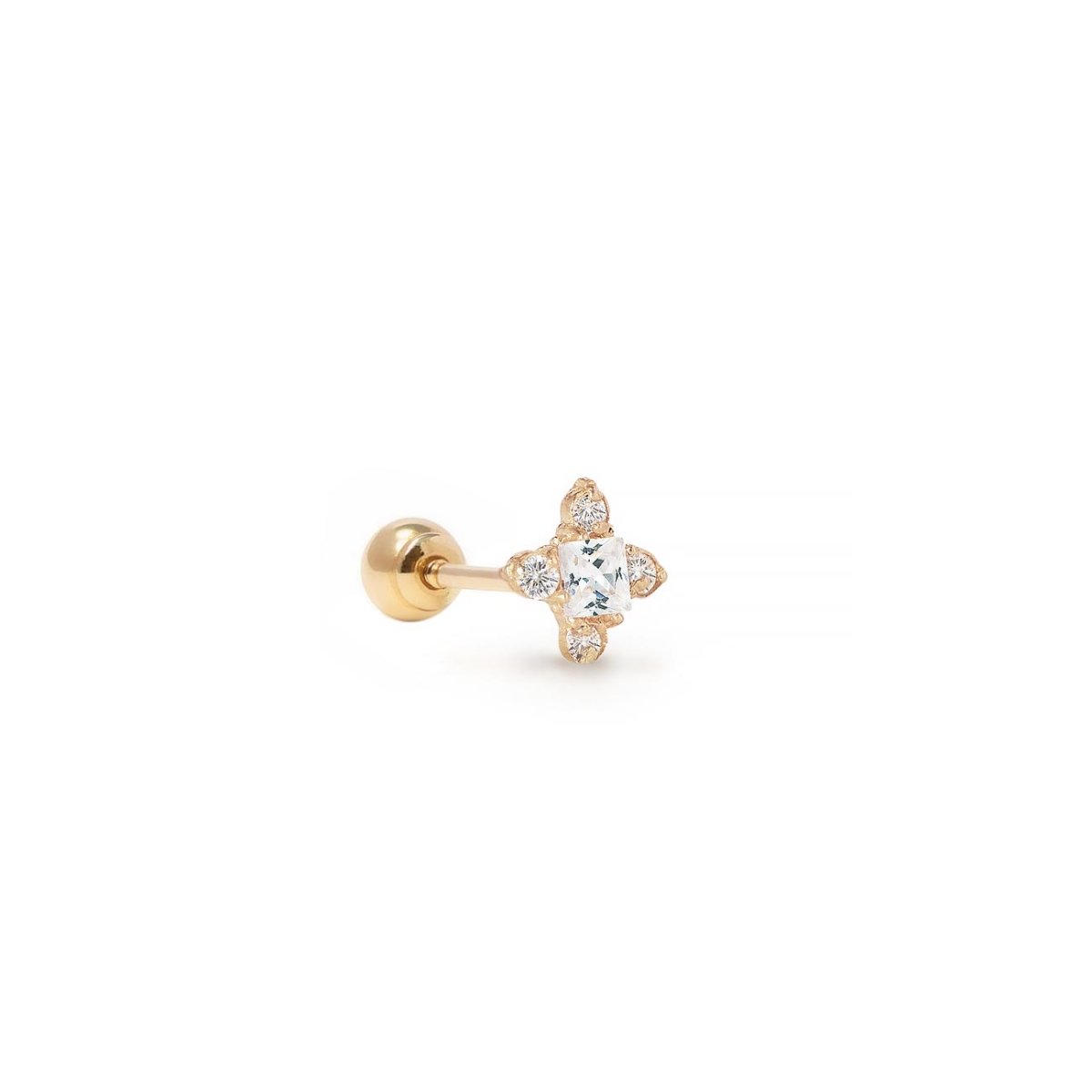 14K gold flatback stud with a square clear center stone and round accents, on a white background