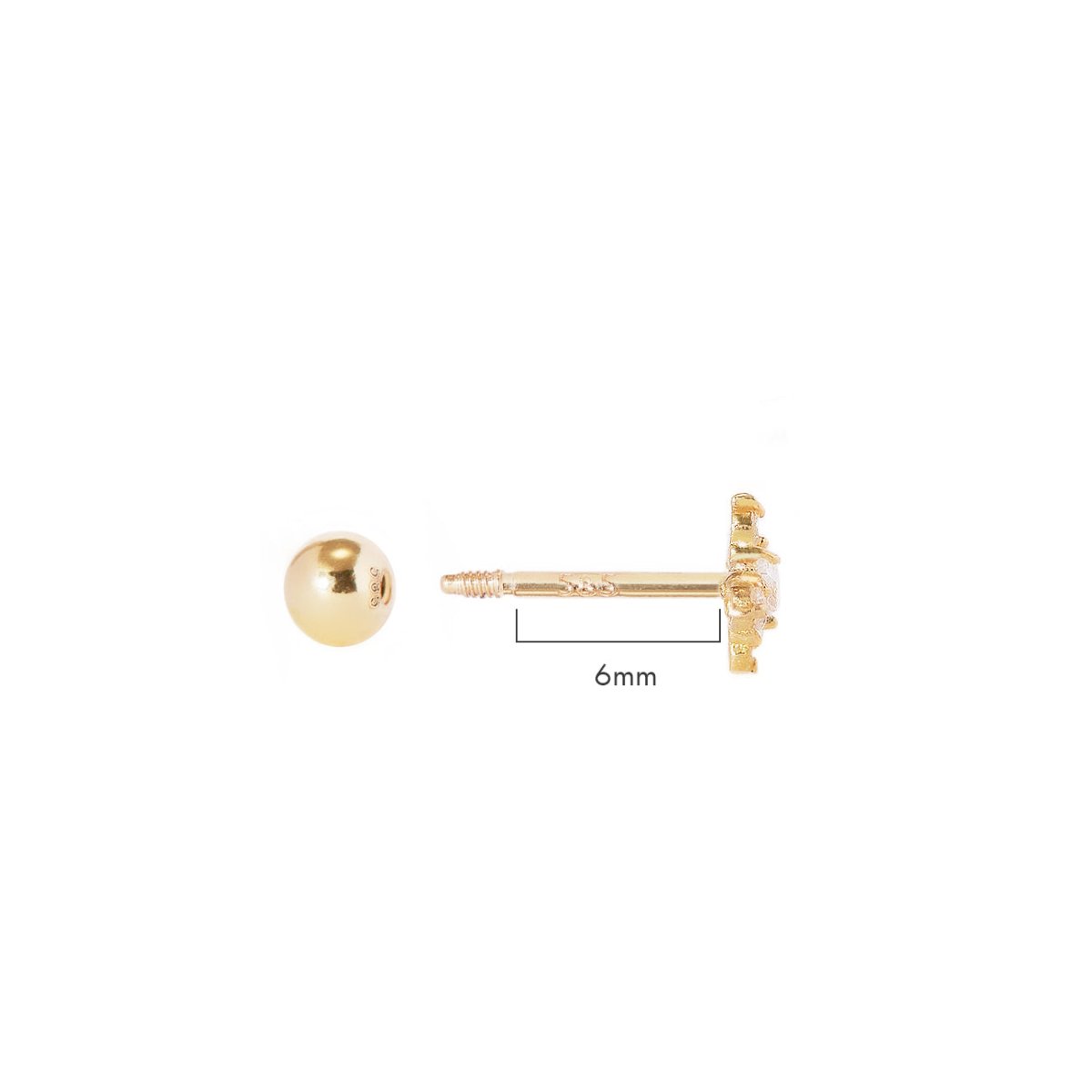 14K gold pavé flower stud with clear stones and a ball back, size comparison, 6mm