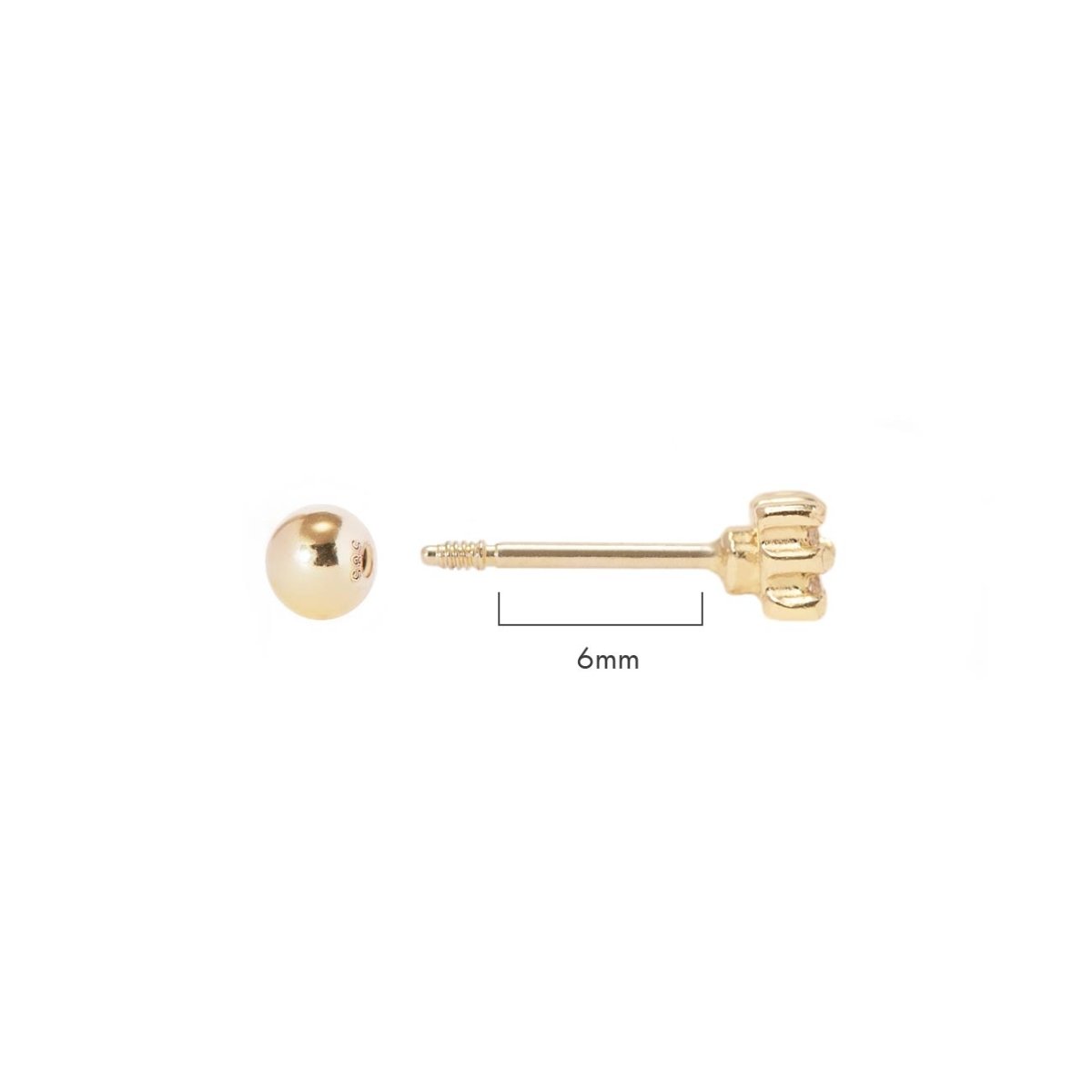 14K gold screw-back stud post and ball back, shown with a 6mm post length marker on a white background