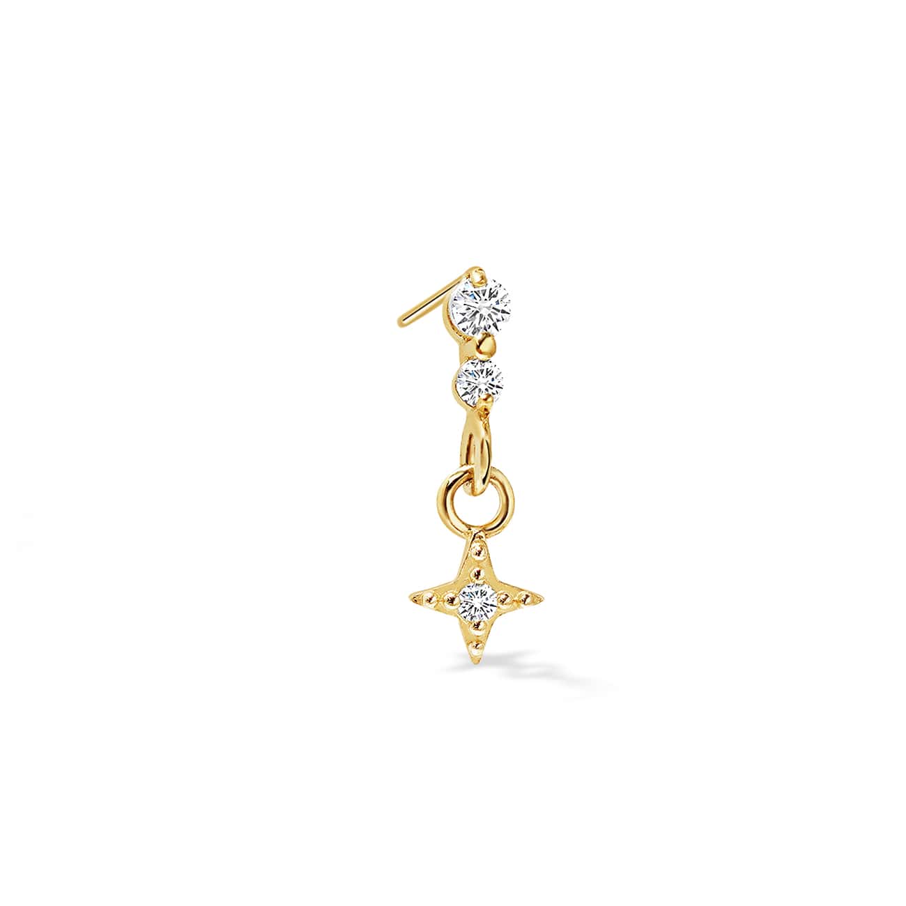 14K gold falling star cartilage stud with clear zirconia and a dangling star charm, on a white background