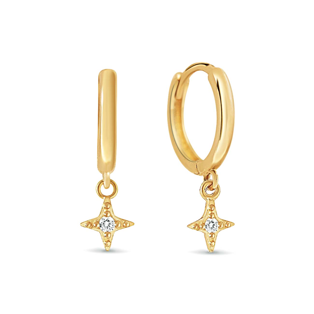 14K gold star flare huggie hoops with a dangling white zirconia star charm, on a white background