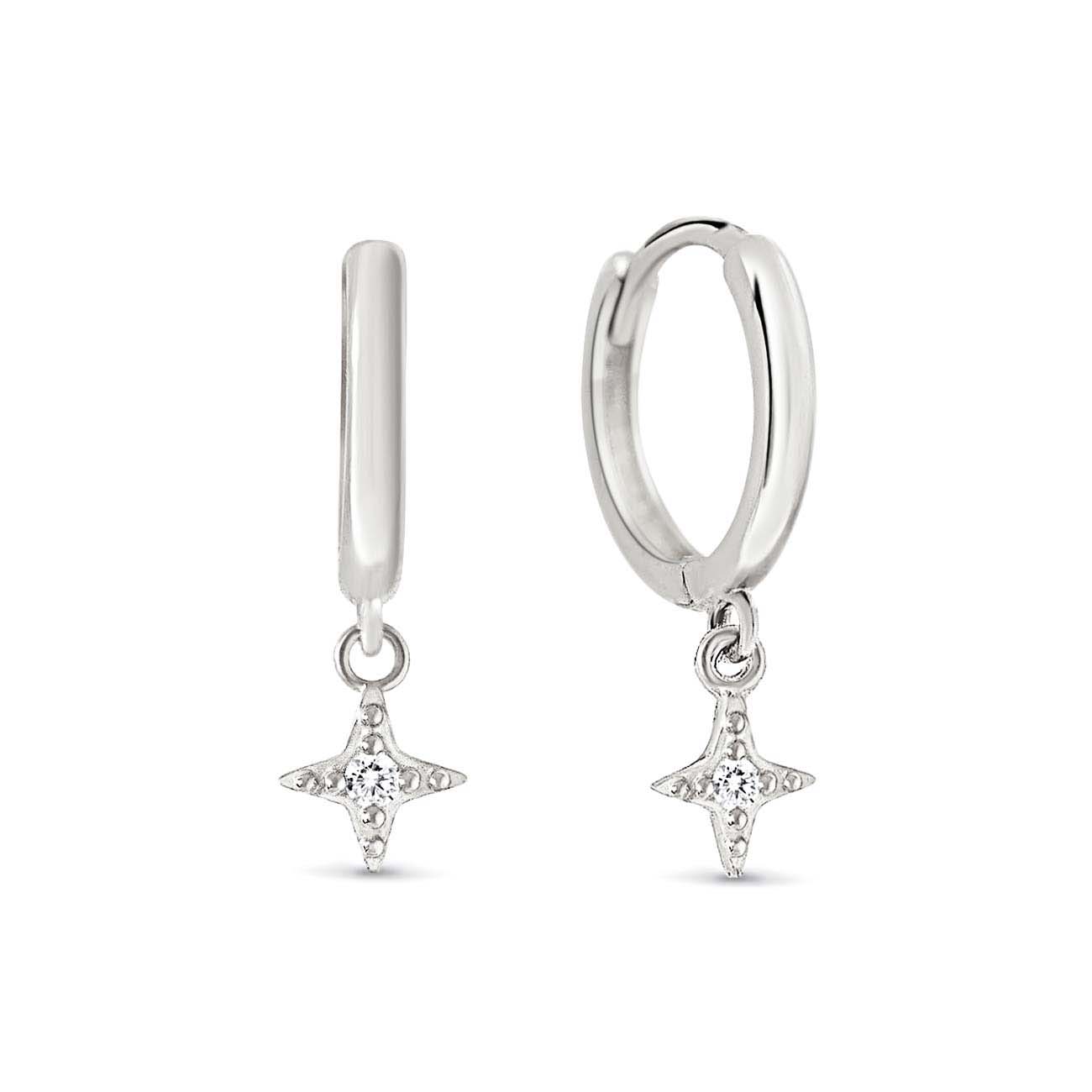 14K white gold star flare huggie hoops with a dangling white zirconia star charm, on a white background