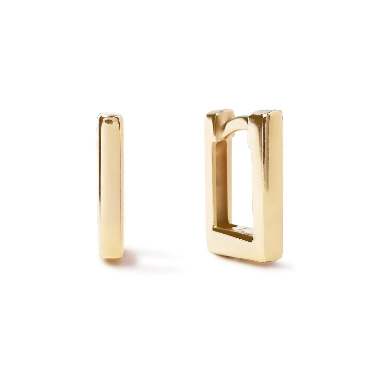 14K gold square huggie earrings with a flat profile and hinged closure, on a white background