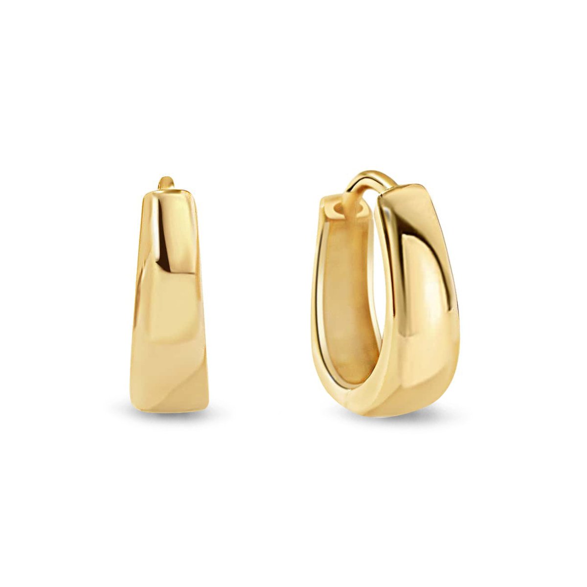 Gold vermeil tapered teardrop huggie hoops with a hinged closure, on a white background