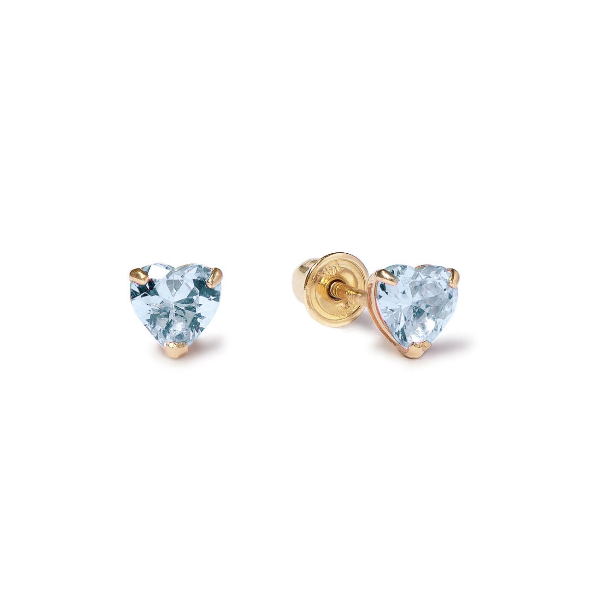 14K gold heart-shaped aquamarine stud earrings with screw backs, on a white background