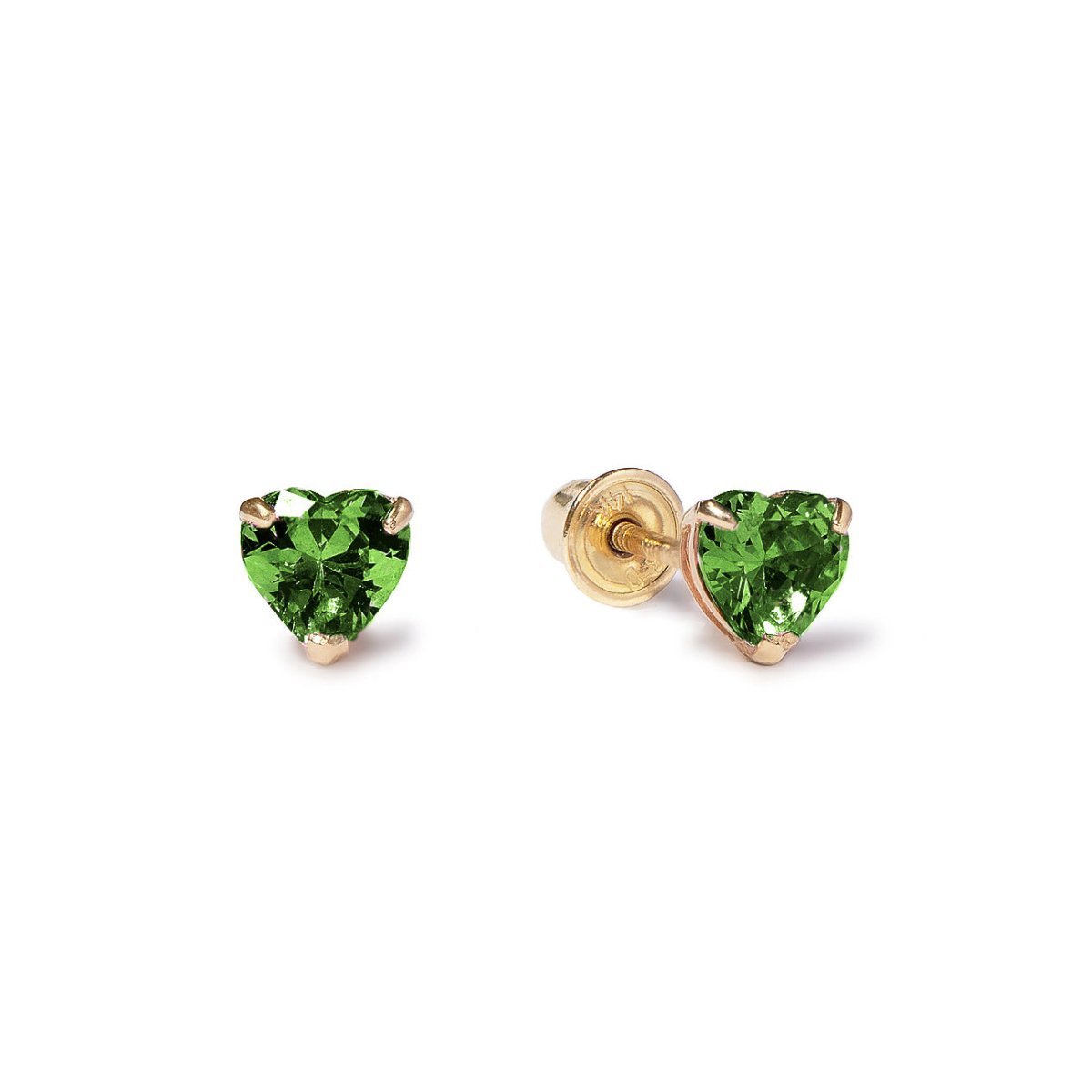 14K gold heart-cut aquamarine studs with green stones in claw settings, shown with screw backs, on a white background